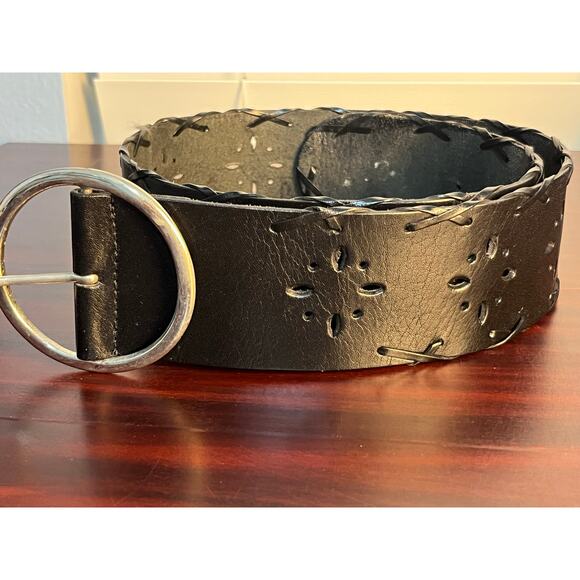 Y2K Wide Leather Belt Large Black Cut Out Lace Up Details Whimsygoth Witchy main image 4